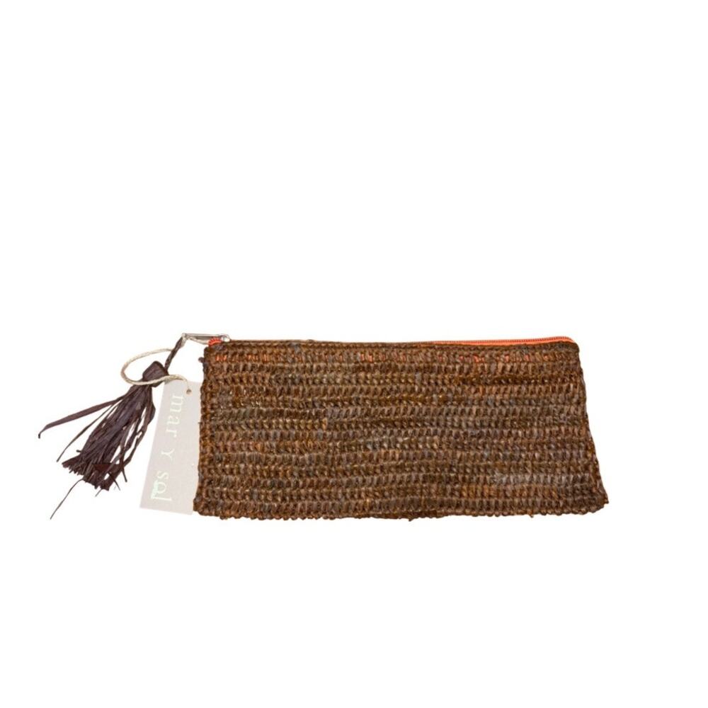 NEW Mar Y Sol Brown Woven Straw Clutch